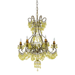 19th Century Pale Yellow Crystal Drops Birdcage Chandelier For Sale