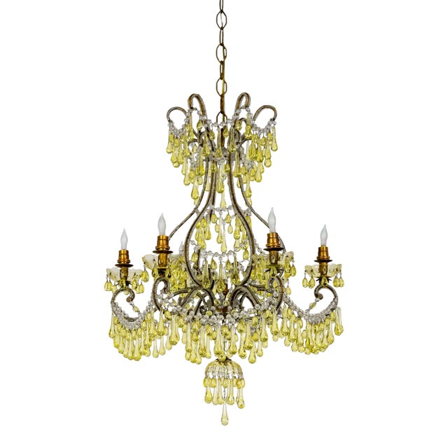 19th Century Pale Yellow Crystal Drops Birdcage Chandelier For Sale