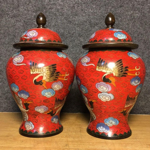 1960s Pair of Vintage Chinese Cloisonné Red Ground "Crane & Clouds" Covered Jars - 2570g For Sale - Image 5 of 9