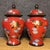 1960s Pair of Vintage Chinese Cloisonné Red Ground "Crane & Clouds" Covered Jars - 2570g For Sale - Image 5 of 9