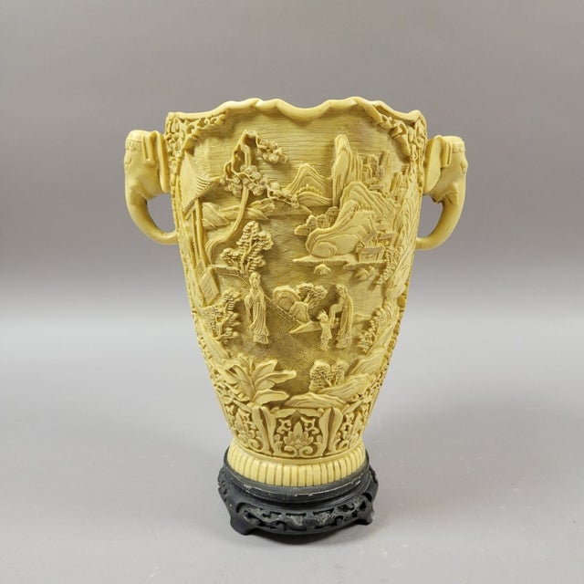 Hollywood Regency Chinoiserie Carved Italian Faux Ivory Vase With Elephant Handles For Sale - Image 4 of 10