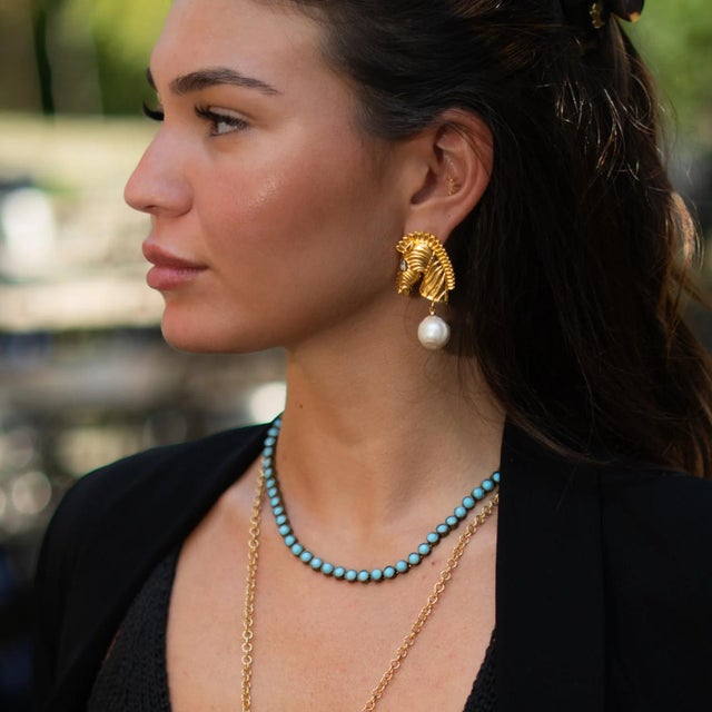 Bronze Majestic Horse & Baroque Pearl Gold Statement Earrings, A Pair For Sale - Image 8 of 9