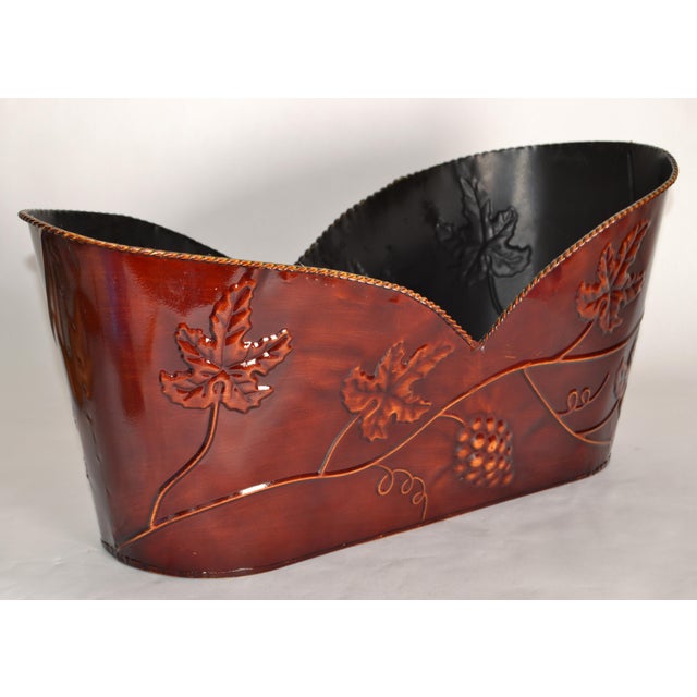 Metal 1980s Burgundy Embossed Fall Leaves Tin Planter Gift Basket Container Brass Braided Trim For Sale - Image 7 of 10