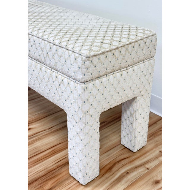 Vintage Trellis Lattice Pattern Upholstery Parsons Bench For Sale In Kansas City - Image 6 of 9