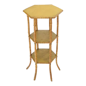 3 Tier Grass Cloth Hexagon Burnt Bamboo Antique Pedestal Candle Lamp Table Stand