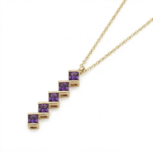 Contemporary Dainty Amethyst Zigzag Necklace | February Birthstone Necklace | Minimalist Vertical Bar Necklace For Sale - Image 3 of 3