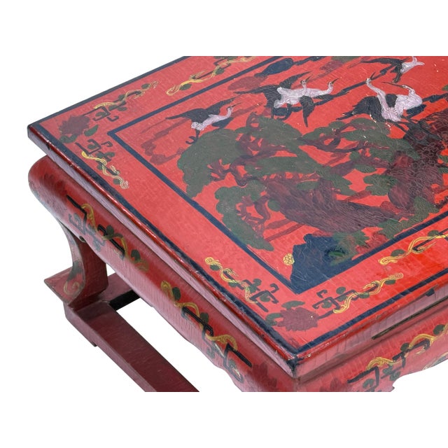 Vintage Distressed Red White Cranes Pine Graphic Rectangular Stand Table For Sale - Image 11 of 12