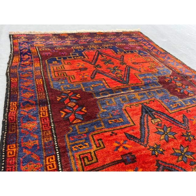 2'10 X 3'10 Ft Vintage Afghan Hand-Knotted Tribal Rug Red Blue Geometric Pattern Rug For Sale - Image 9 of 12