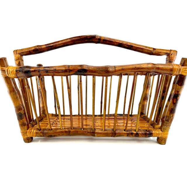 Rustic European 1960s Mid Century Italian Burnt Tortoise Bamboo Magazine Rack For Sale - Image 3 of 12
