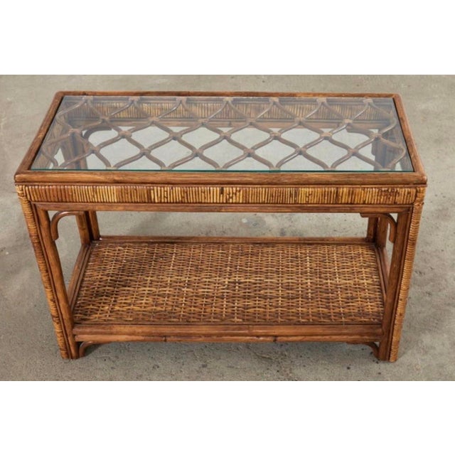 1980s Baldwin Style Wrapped Rattan Console Table For Sale - Image 5 of 12