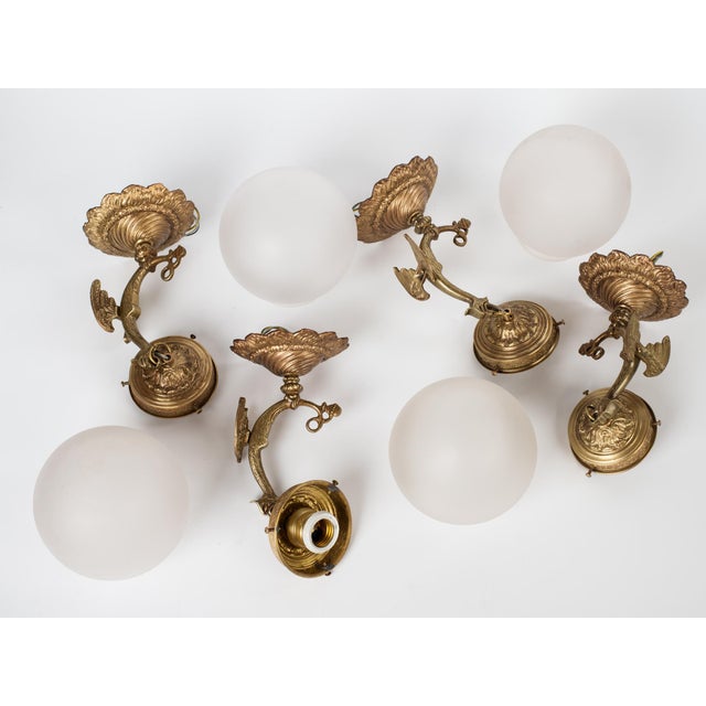 1950s 1950s Spanish Empire Cast Brass Dragon Sconces With Scavo Glass Globes - A Set of 4 For Sale - Image 5 of 11