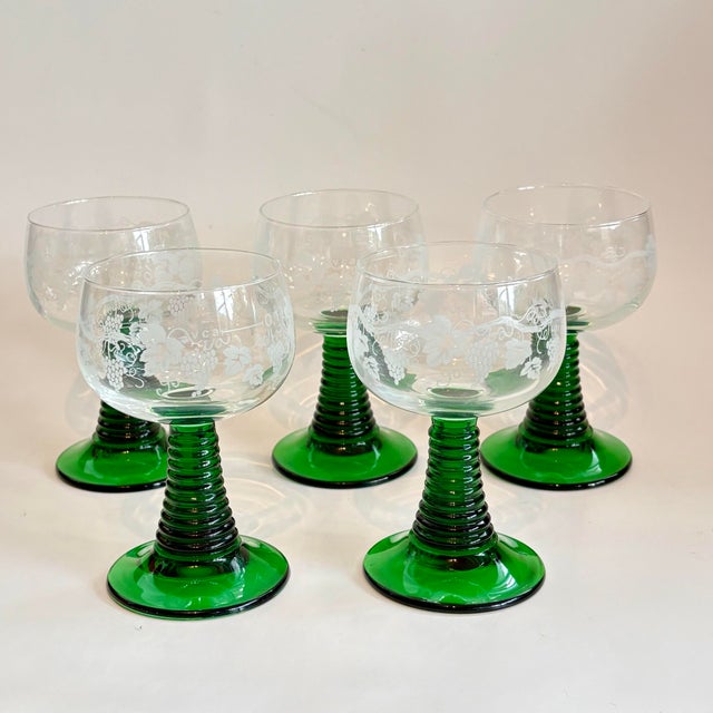 Green Vintage French Luminarc Roemer Green Stem Wine Glasses – Set of 5 For Sale - Image 8 of 10