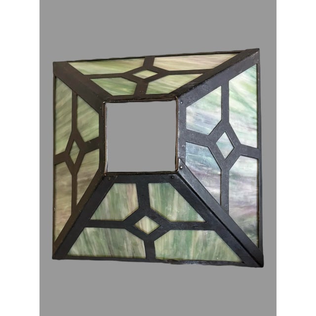 Early 20th Century Mission Arts & Crafts Style Metal Framed Slag Glass Table Lamp With Oak Base For Sale - Image 10 of 12