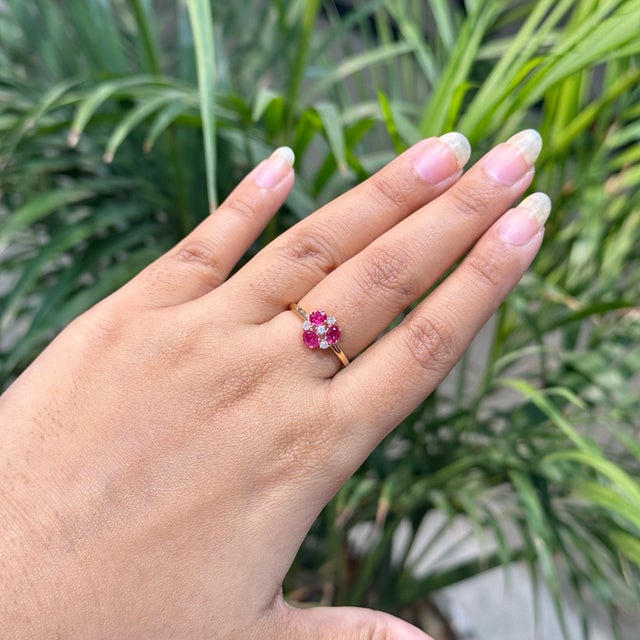 14k Gold Natural Ruby Diamond Floral Cluster Proposal Ring Size 6.5 For Sale - Image 9 of 18