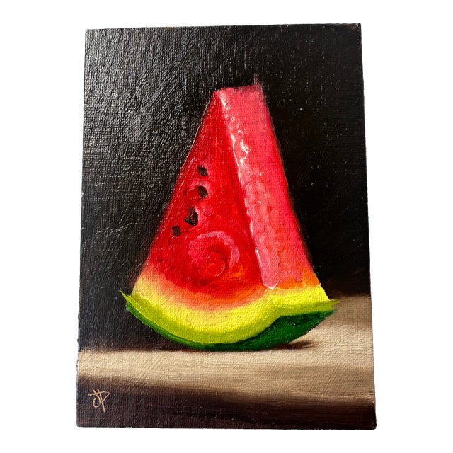 Early 21st Century Watermelon Slice Oil on Board Gilt Handmade Signed Still Life Fruit Unframed For Sale