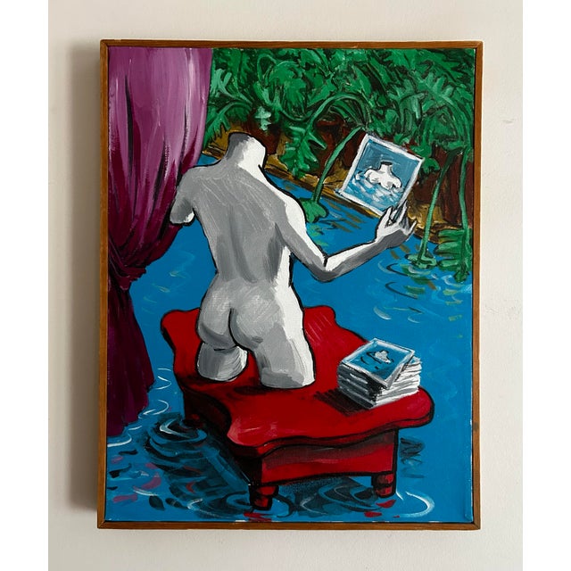 Vintage 1985 surrealistic oil painting on canvas by Philadelphia artist John Aiello. Features a headless figure, holding a...