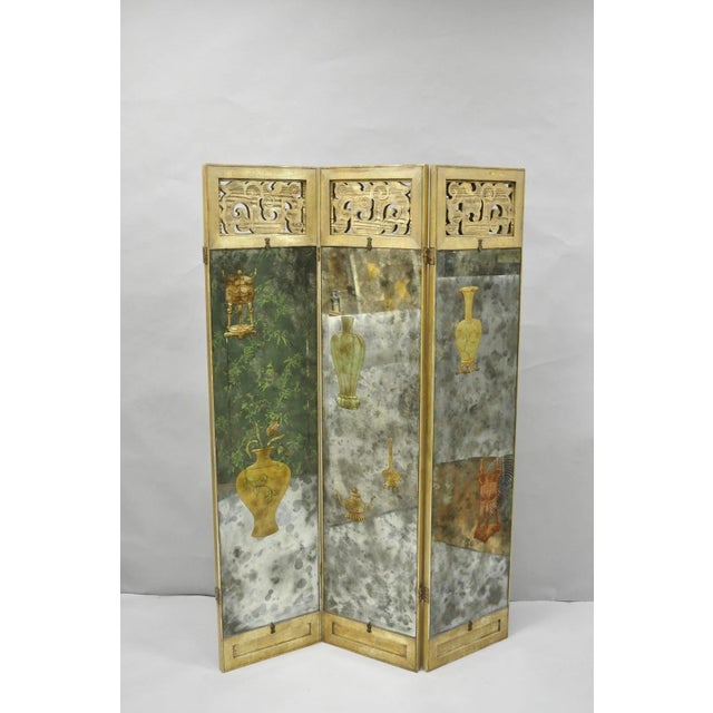 Chinoiserie Antique Chinoiserie Oriental Eglomise Antiqued Mirror Glass 3 Panel Room Screen For Sale - Image 3 of 18