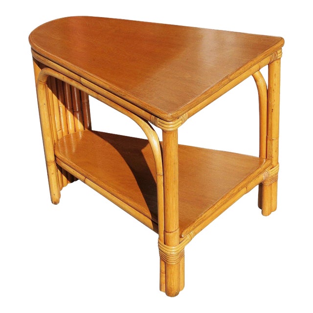 Restored Two-Tier Rattan Wedge Table W/ Mahogany Top For Sale
