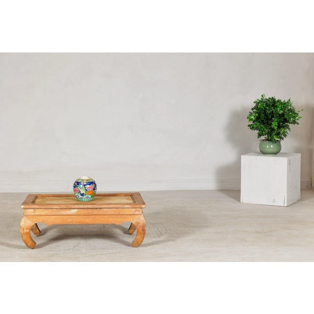 Brown Country Style Low Wood Coffee Table with Woven Mat Top and Curved Legs For Sale - Image 8 of 12