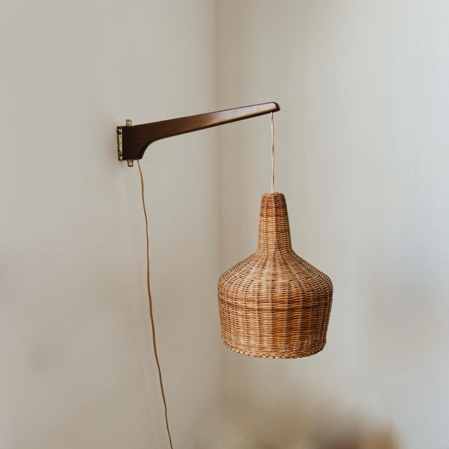 1960s Danish Wicker and Walnut Sconce For Sale - Image 4 of 5