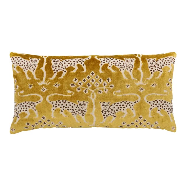 Schumacher Woodland Leopard Velvet 24" Lumbar Pillow in Gold For Sale
