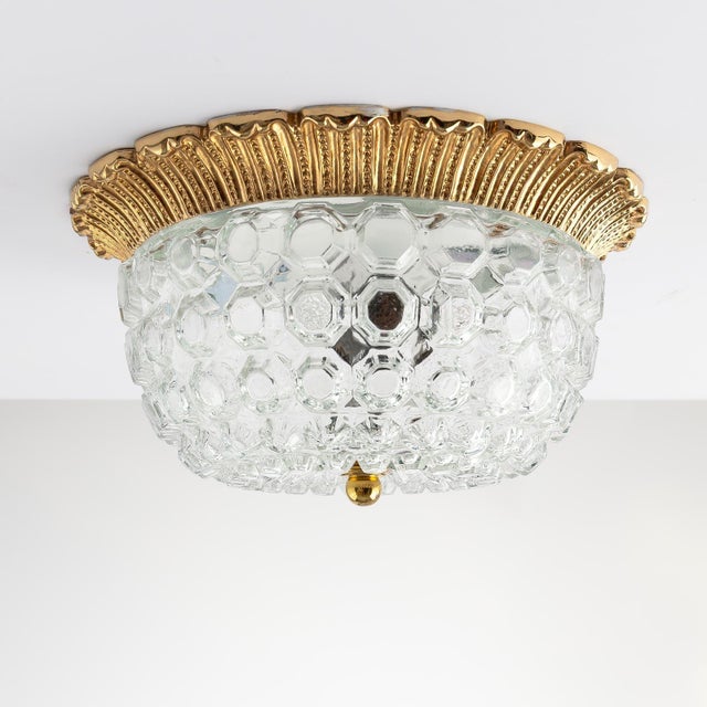 Mid-Century Modern Mid-Century Round Ceiling or Wall Lamp in Textured Glass with Gilt Rim from Limburg, Germany, 1970s For Sale - Image 3 of 9