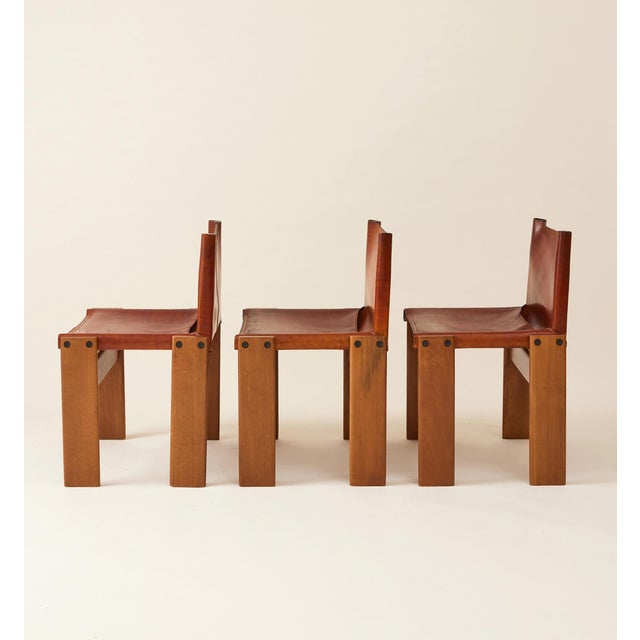 Postmodern Afra & Tobia Scarpa Cognac Colored "Monk" Leather Dining Chairs for Molteni 1974 - Set of 6 For Sale - Image 3 of 15