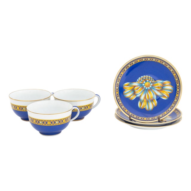 Hermes Paris "Cocarde De Soie" Porcelain Tea Service for 3 For Sale