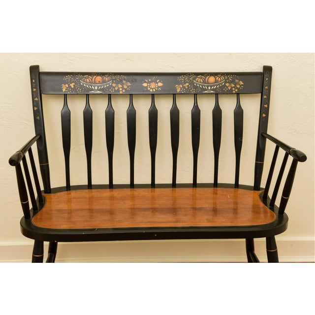 Vintage Nichols & Stone Black Stenciled Windsor Settee For Sale - Image 4 of 12