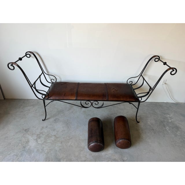 Vintage Rustic Wrought Iron & Leather Scroll Bench For Sale - Image 11 of 16