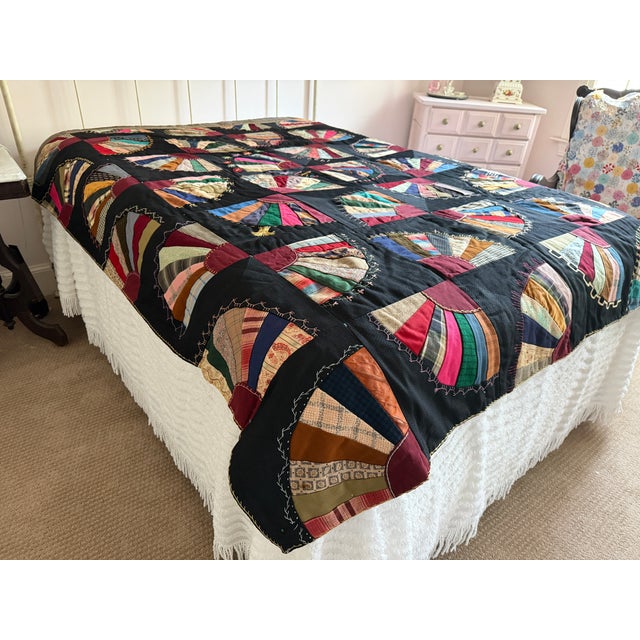 Shabby Chic 1920s Crazy Quilt Fan Pattern With Embroidered Date and the Word Mother 69" X 80" For Sale - Image 3 of 17