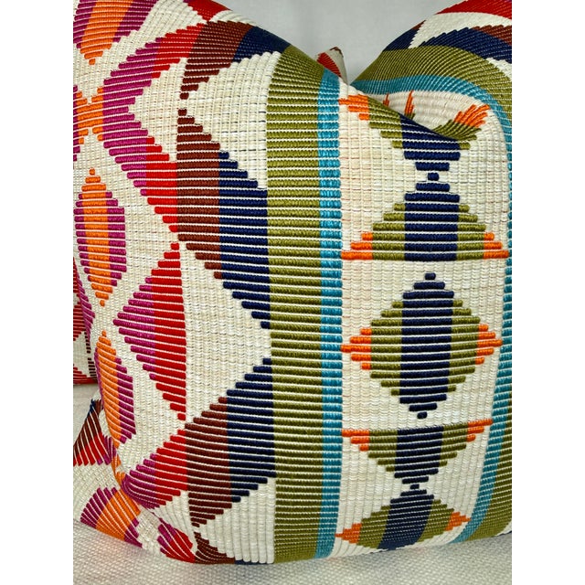 Custom pair of 22" pillows covered in Thibaut "Berner Blanket" in color fuschia/navy indoor/outdoor fabric. These pillows...