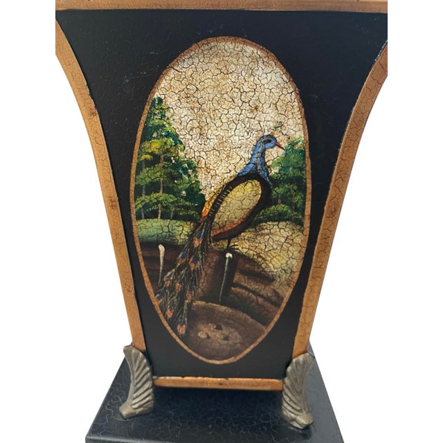 1980s 2 Vintage Castilian Imports Regency Tole Cachepot With Peacocks 11” For Sale - Image 5 of 11