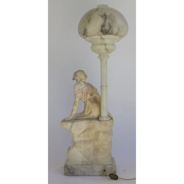 Stone Italian Carved Alabaster Seated Lady Figural Lamp With Globe For Sale - Image 7 of 10