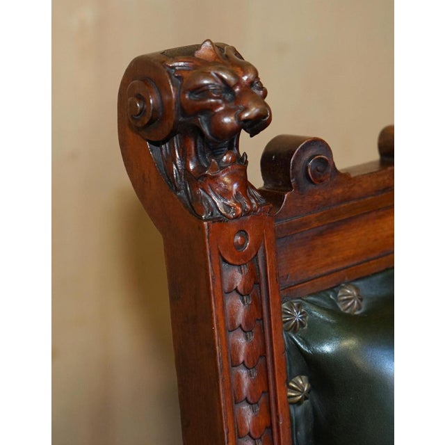 Antique English Hand Carved Throne Armchair in Green Leather, 1880 For Sale - Image 4 of 18
