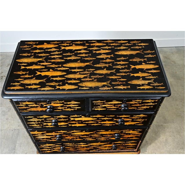 English 19th Century Pine Painted Chest with Fish Decoupage For Sale - Image 4 of 11