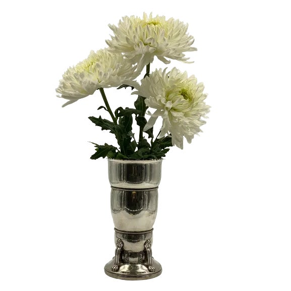 Early 20th century continental 0.826 Danish silver hand hammered vase with beaded rims, inscriptions, and applied...