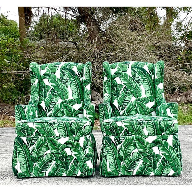 Vintage Coastal Palm Frond Skirted Wingback Chairs - a Pair For Sale - Image 17 of 18