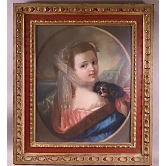 Antique French Portrait Pastel Oil Painting of Girl & Dog | Chairish