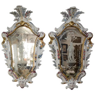 Pair of Antonibon Ceramic Hand Painted Mirrors With Etched Glass For Sale