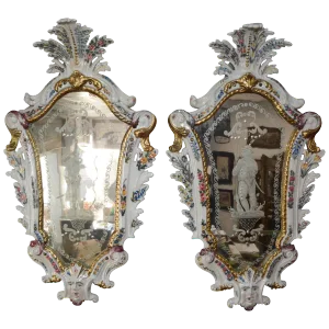 Pair of Antonibon Ceramic Hand Painted Mirrors With Etched Glass