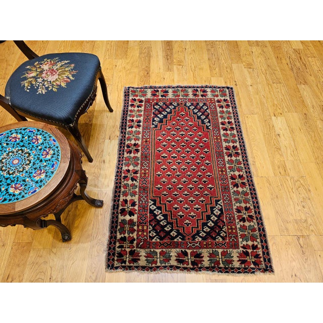 Vintage Turkish Village Area Rug, Hand-Knotted Wool, Red & Navy, 1950s, 3' x 5' For Sale In Chicago - Image 6 of 15