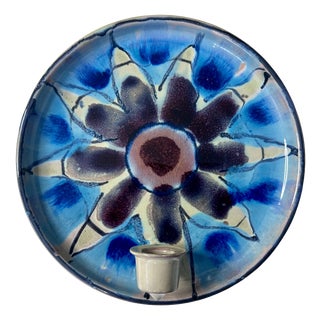 Ceramic Wall Plate Candleholder with Abstract Floral Decoration and Crackle Glaze by Jette Hellerøe, Denmark, 1970s For Sale