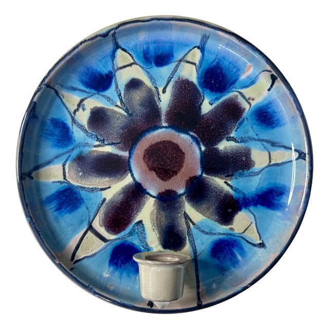 Ceramic Wall Plate Candleholder with Abstract Floral Decoration and Crackle Glaze by Jette Hellerøe, Denmark, 1970s For Sale