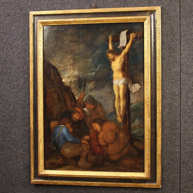 Unknown, Crucifixion with Soldiers, 1650, Oil on Panel, Framed For Sale - Image 14 of 16