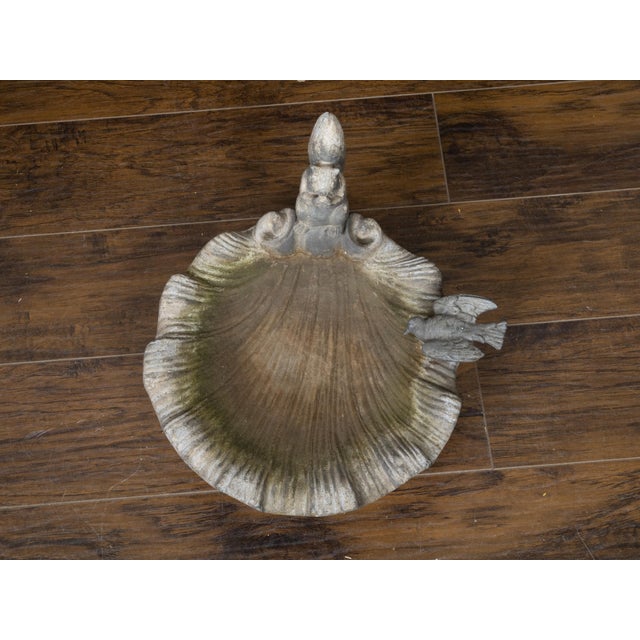 English Midcentury Lead Bird Bath Depicting a Shell with Squirrel and Bird For Sale - Image 4 of 10