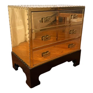 1990s Sarreid Style Brass Campaign Chest With Greek Key Hardware on Ebonized Base — 20.25″ W For Sale