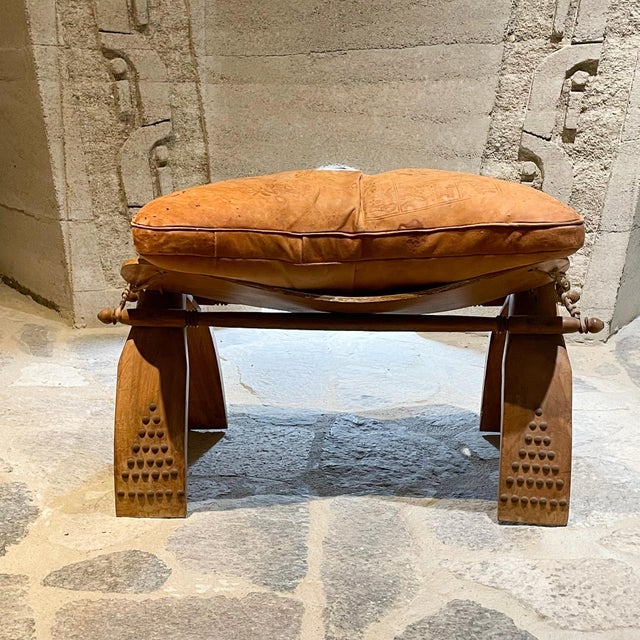 Mid-Century Modern 1960s Egypt Bohemian Distressed Saddle Leather Camel Foot Stool For Sale - Image 3 of 12