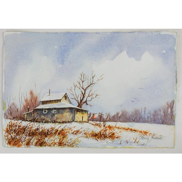 Farmhouse Contemporary Rustic Farmhouse Landscape Watercolor Painting For Sale - Image 3 of 3