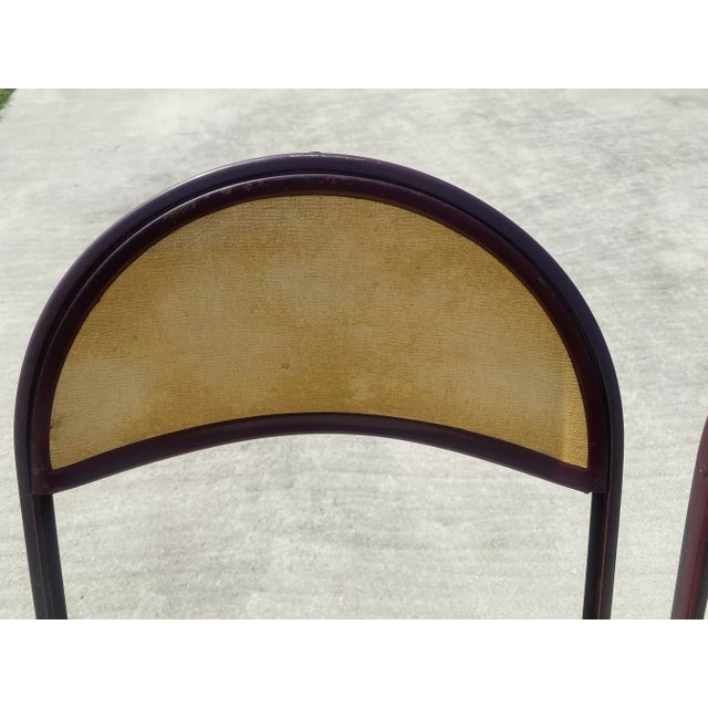Tan 1940s Vintage Mid Century Art Deco Maroon Folding Chairs With Yellow Fabric Seats by Durham- Set of 4 For Sale - Image 8 of 12